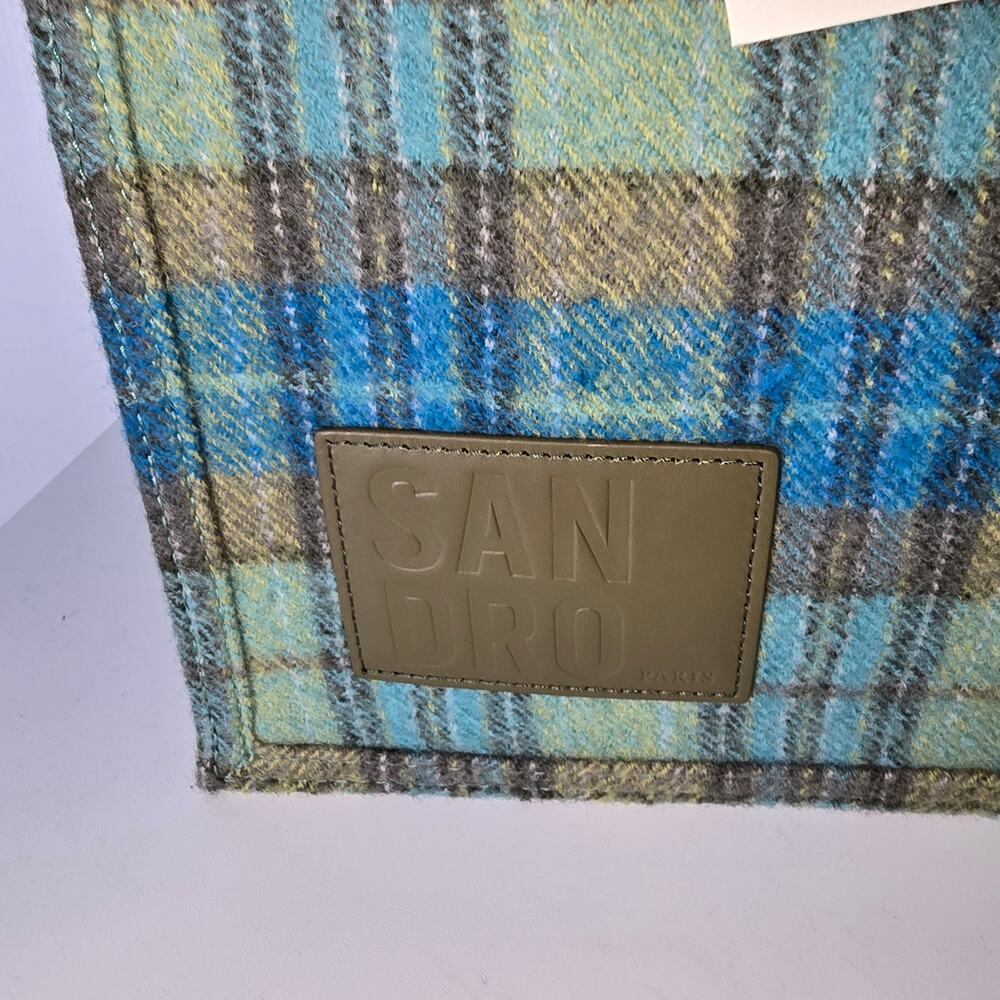 Sandro Paris Wool Tartan Plaid Large Tote Blue Green Snap Top Handle Bag NWT - Picture 4 of 13